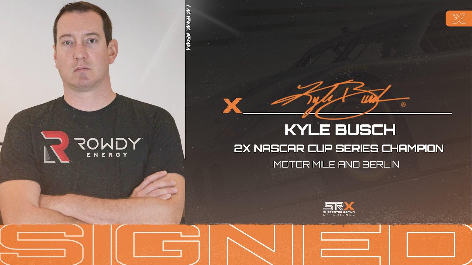 Headshot of Kyle Busch with the words "2X NASCAR Champion - Motor Mile and Berlin" underneath the image.