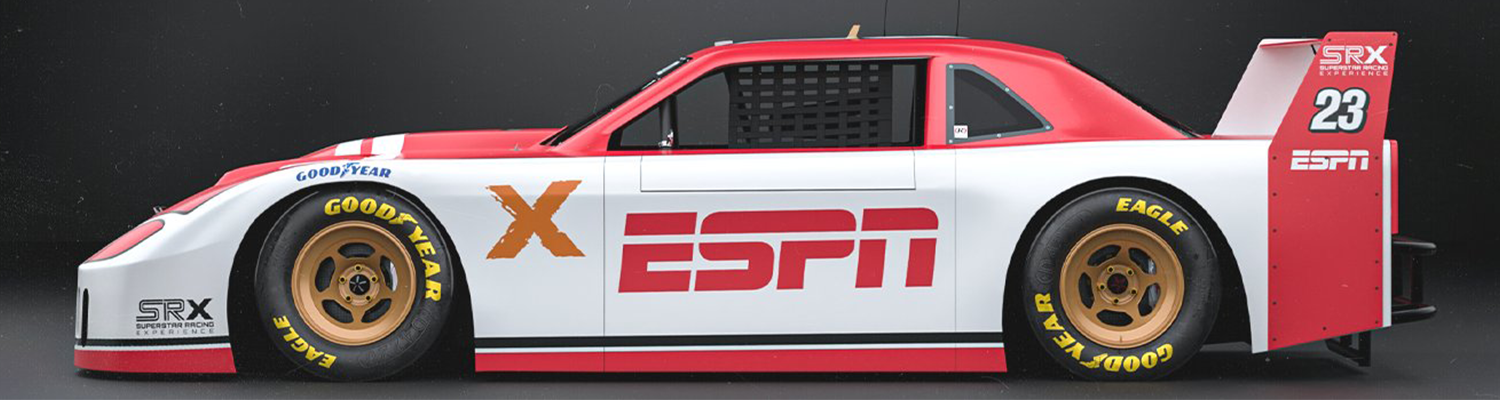 A SRX car with ESPN logos against a grey background.