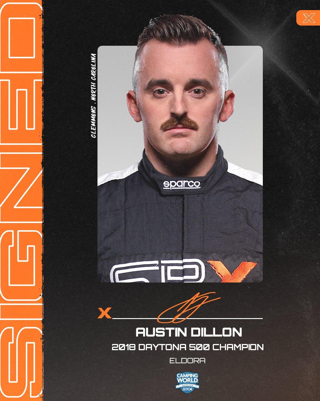 Headshot of Austin Dillon with the words "2018 Daytona 500 Champion - Eldora" underneath the image.