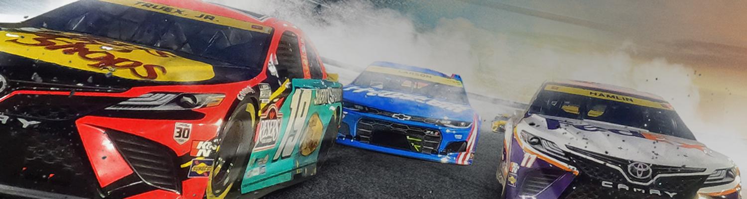 Promotional key art for the 2023 Daytona 500 with the cars of Martin Truex Jr, Denny Hamlin, and Kyle Larson racing around Daytona International Speedway.