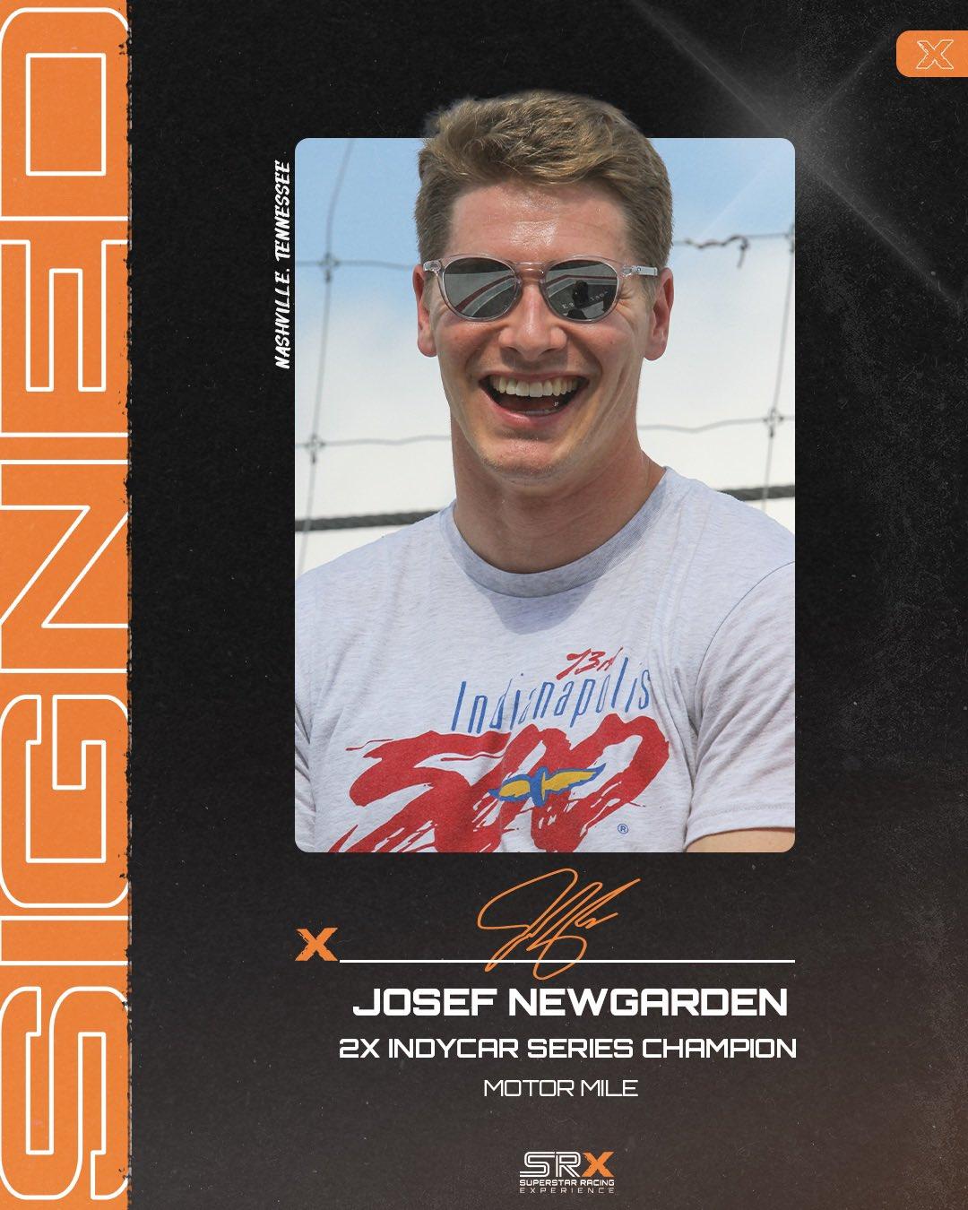 Headshot of Josef Newgaren with the words "2X IndyCar Series Champion" underneath the image.