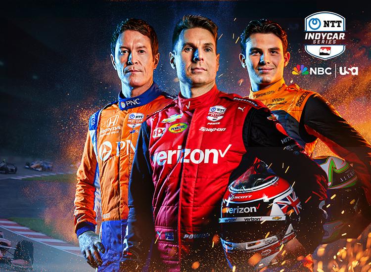 Promotional artwork for the 2023 NTT IndyCar Series on NBC and USA. The NTT IndyCar Series shield logo is on the left of the image, multiple IndyCar race cars are faded in the background to the center left, and drivers Will Power, Scott Dixon, and Pato O'Ward are to the right of the image.