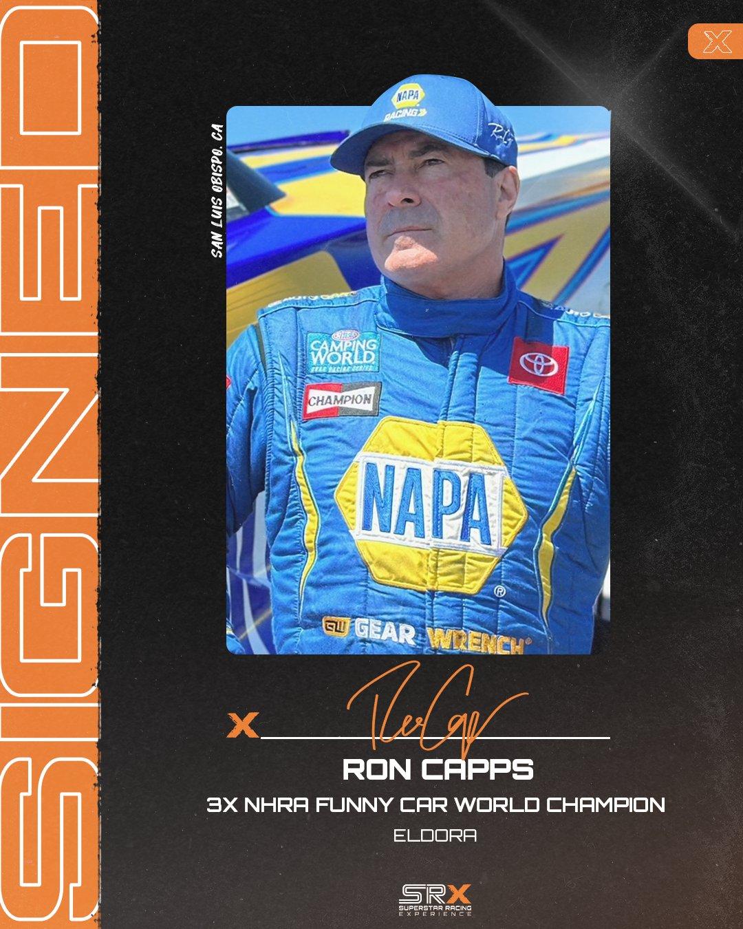 Headshot of Ron Capps with the words "3X NHRA Funny Car World Champion" underneath the image.