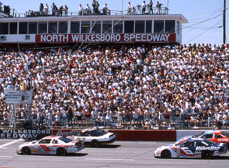 NASCAR racecars on track during the final event at North Wilkesboro Speedway in 1996.