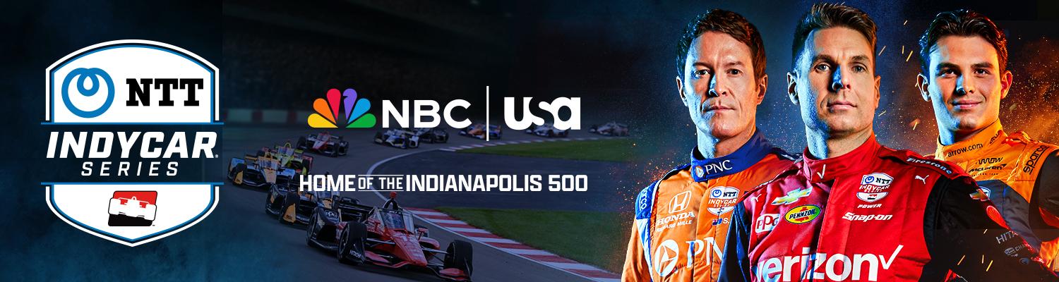 Promotional artwork for the 2023 NTT IndyCar Series on NBC and USA. The NTT IndyCar Series shield logo is on the left of the image, multiple IndyCar race cars are faded in the background to the center left, and drivers Will Power, Scott Dixon, and Pato O'Ward are to the right of the image.