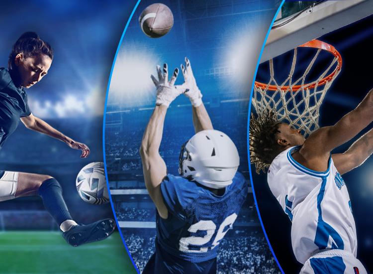 From left to right: a soccer player, a football player, and a basketball player in action in their respective sports.