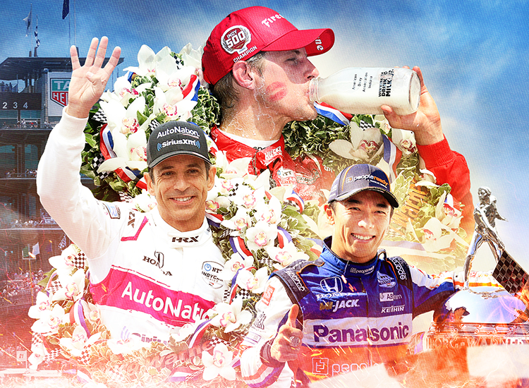 A mashup of Marcus Ericsson drinking a bottle of milk and Helio Castroneves and Takuma Sato celebrating their respective wins in the Indianapolis 500.