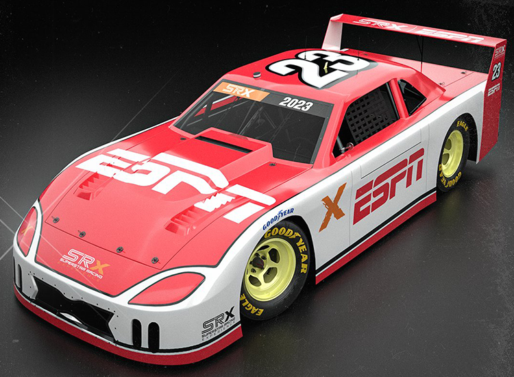 A SRX car with ESPN logos against a grey background.