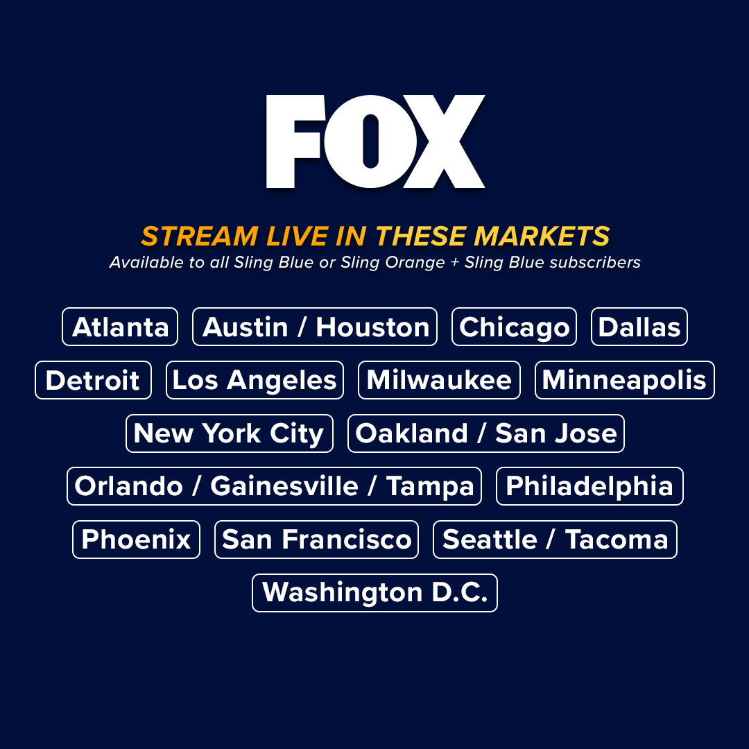 A graphic that details the U.S. cities that receive FOX in the Sling Blue package. The cities are as follows: Atlanta, Austin/Houston, Chicago, Dallas, Detroit, Los Angeles, Milwaukee, Minneapolis, New York City, Oakland/San Jose, Orlando/Gainesville/Tampa, Philadelphia, Phoenix, San Francisco, Seattle/Tacoma, or Washington, D.C.