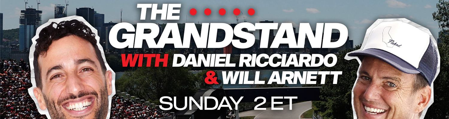 Promotional artwork for "The Grandstand" on ESPN2 and ESPN+, featuring headshots of Daniel Ricciardo to the left and Will Arnett to the right with Circuit Gilles Villeneuve in the background.