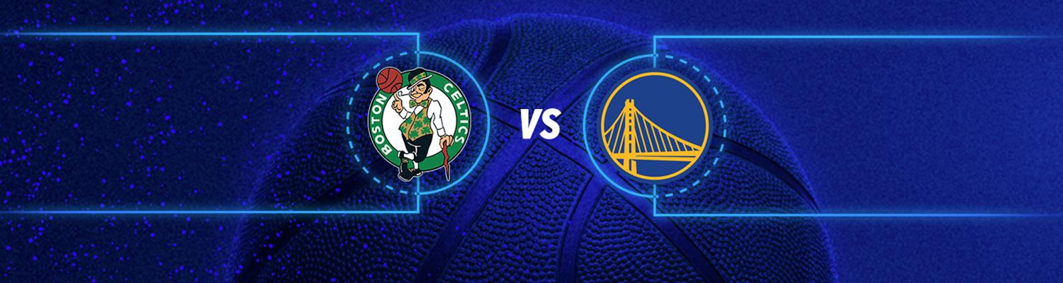 Promotional art of the Golden State Warriors logo next to the Boston Celtics logo