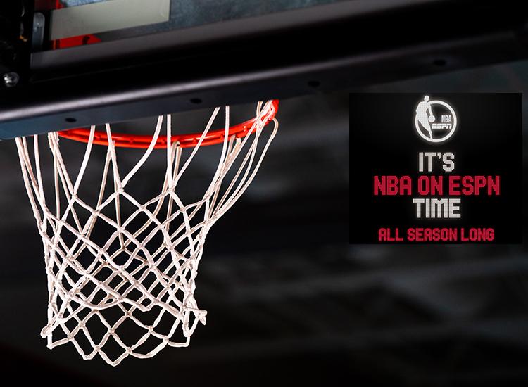 A photo of a basketball net with the NBA on ESPN logo