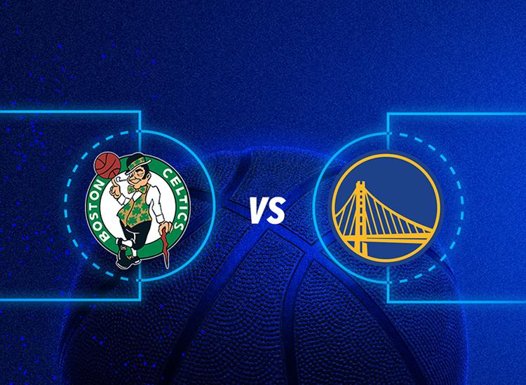 Promotional art of the Golden State Warriors logo next to the Boston Celtics logo