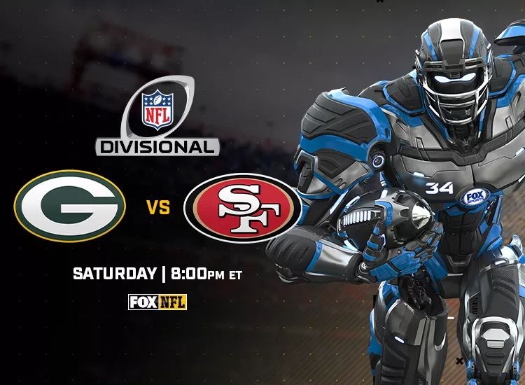 Logos for the Green Bay Packers and San Francisco 49ers promoting their game on FOX.