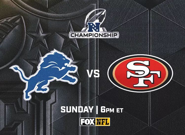 Logos for the Detroit Lions, San Francisco 49ers, and the NFC Championship game on FOX