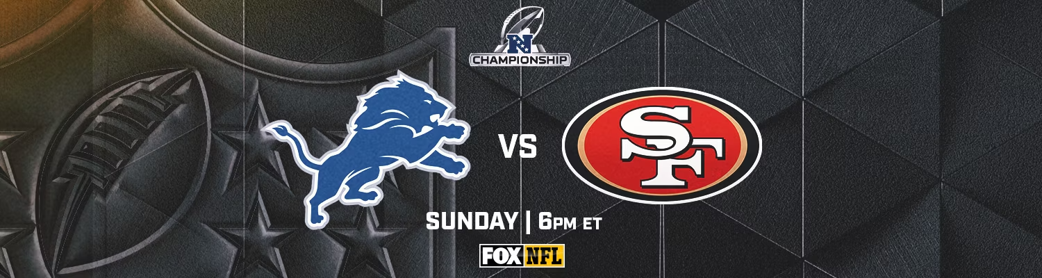 Logos for the Detroit Lions, San Francisco 49ers, and the NFC Championship game on FOX