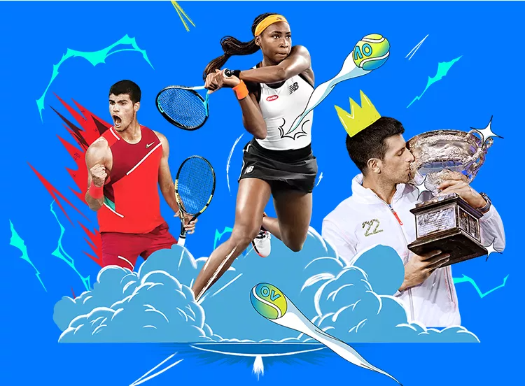 Tennis players Carlos Alcaraz, Coco Gauff, and Novak Djokovic