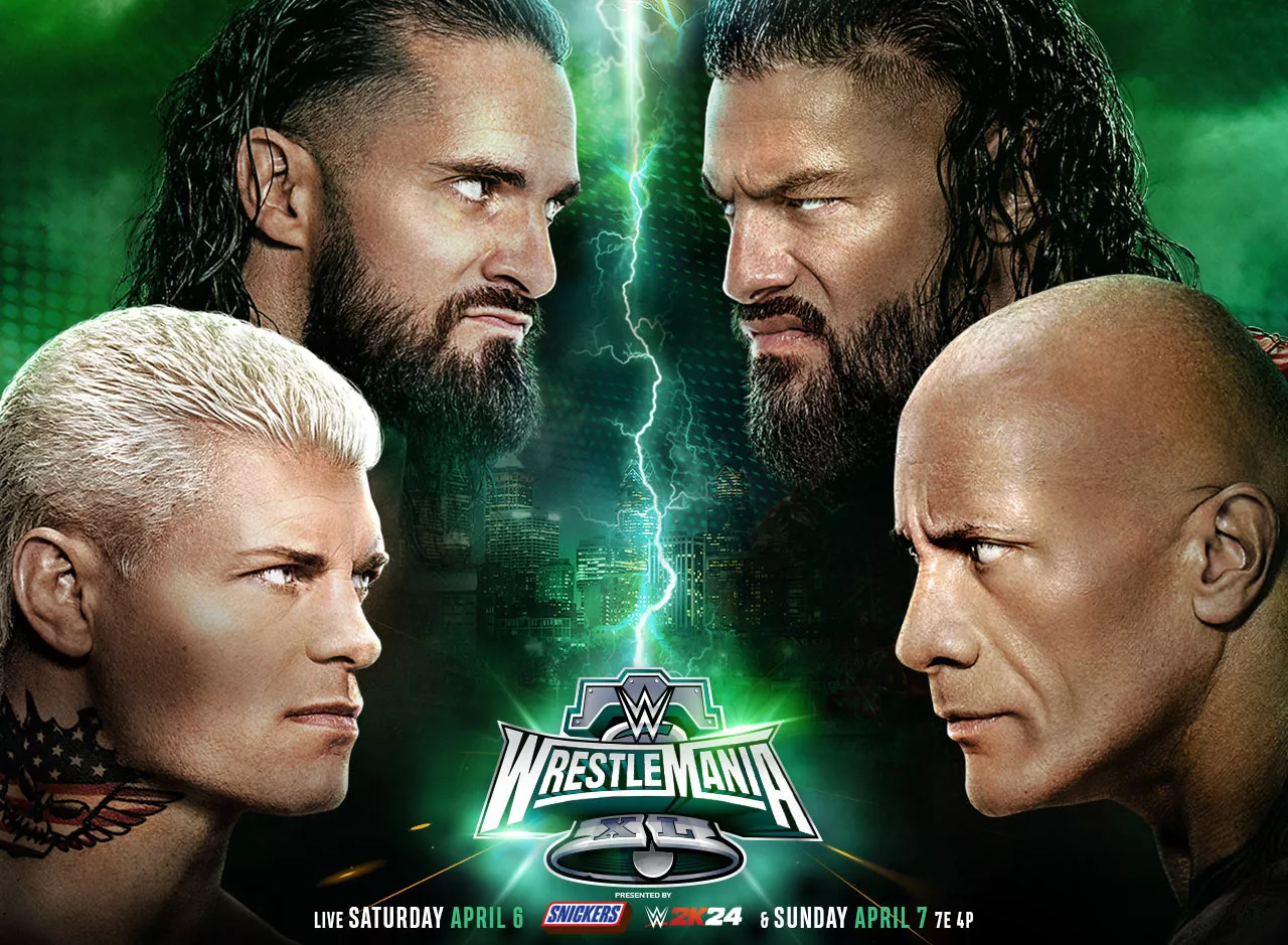 Promotional art for WrestleMania XL with the Rock, Roman Reigns, and others